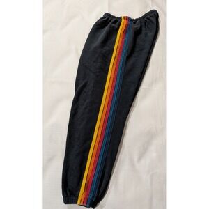 Aviator Nation Women Size XL 5 Stripe Sweatpants Charcoal Rainbow Logo Joggers